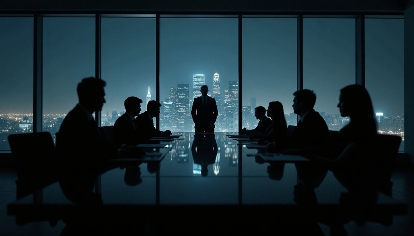 A tense late-night boardroom scene