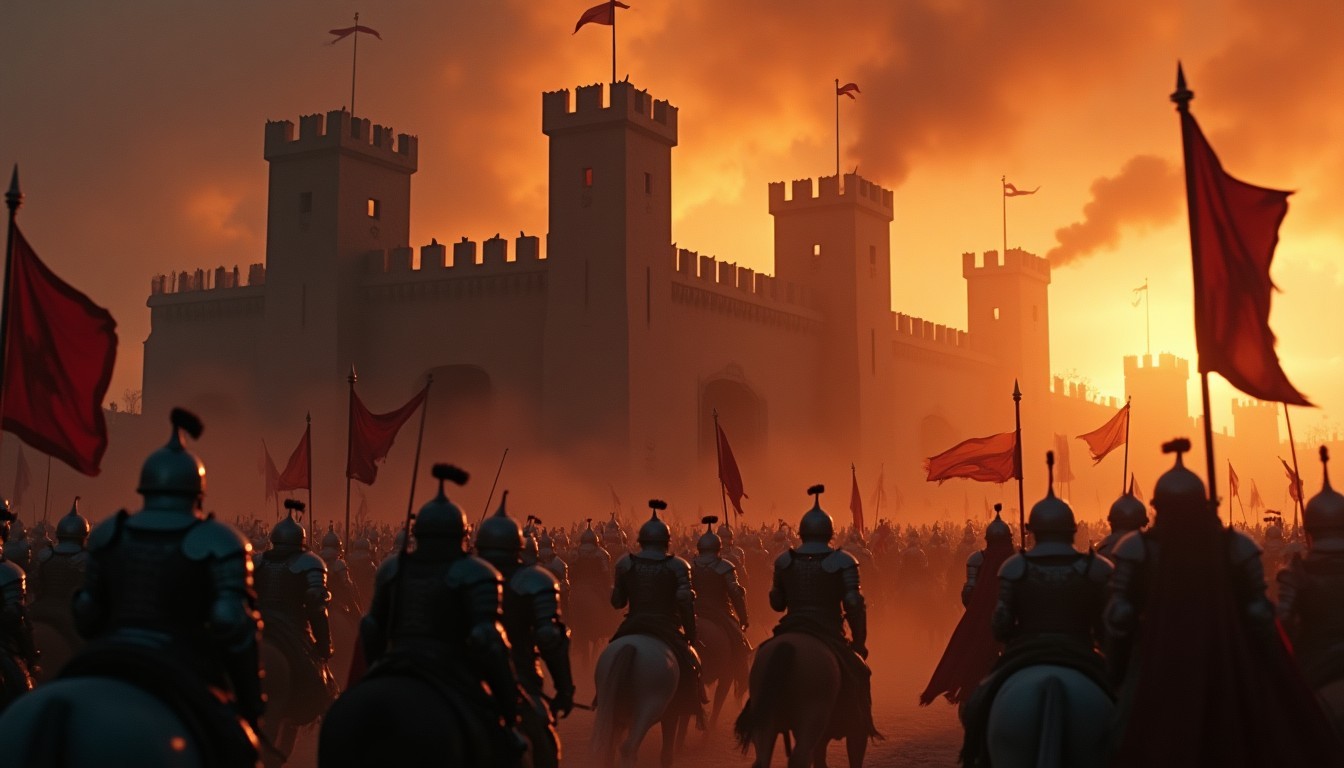 A medieval castle siege at dusk