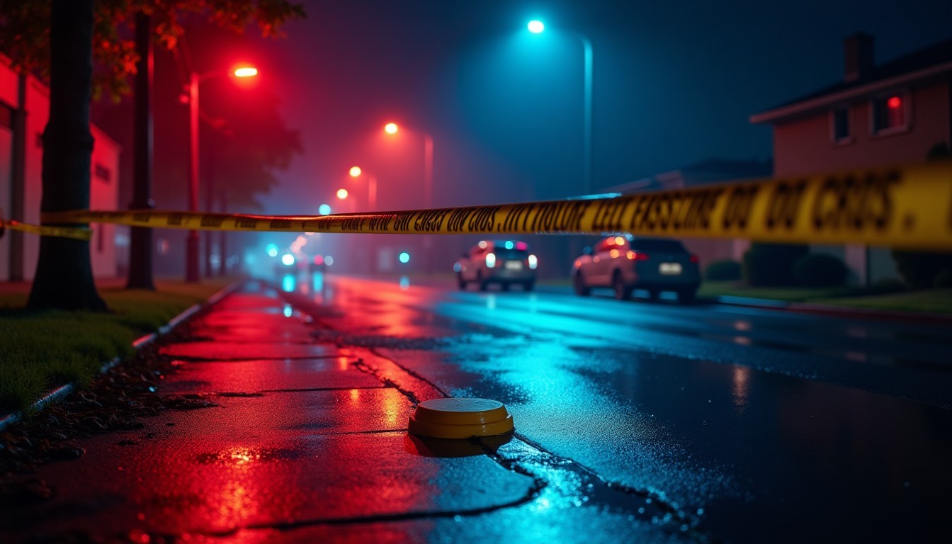A cordoned-off crime scene at night