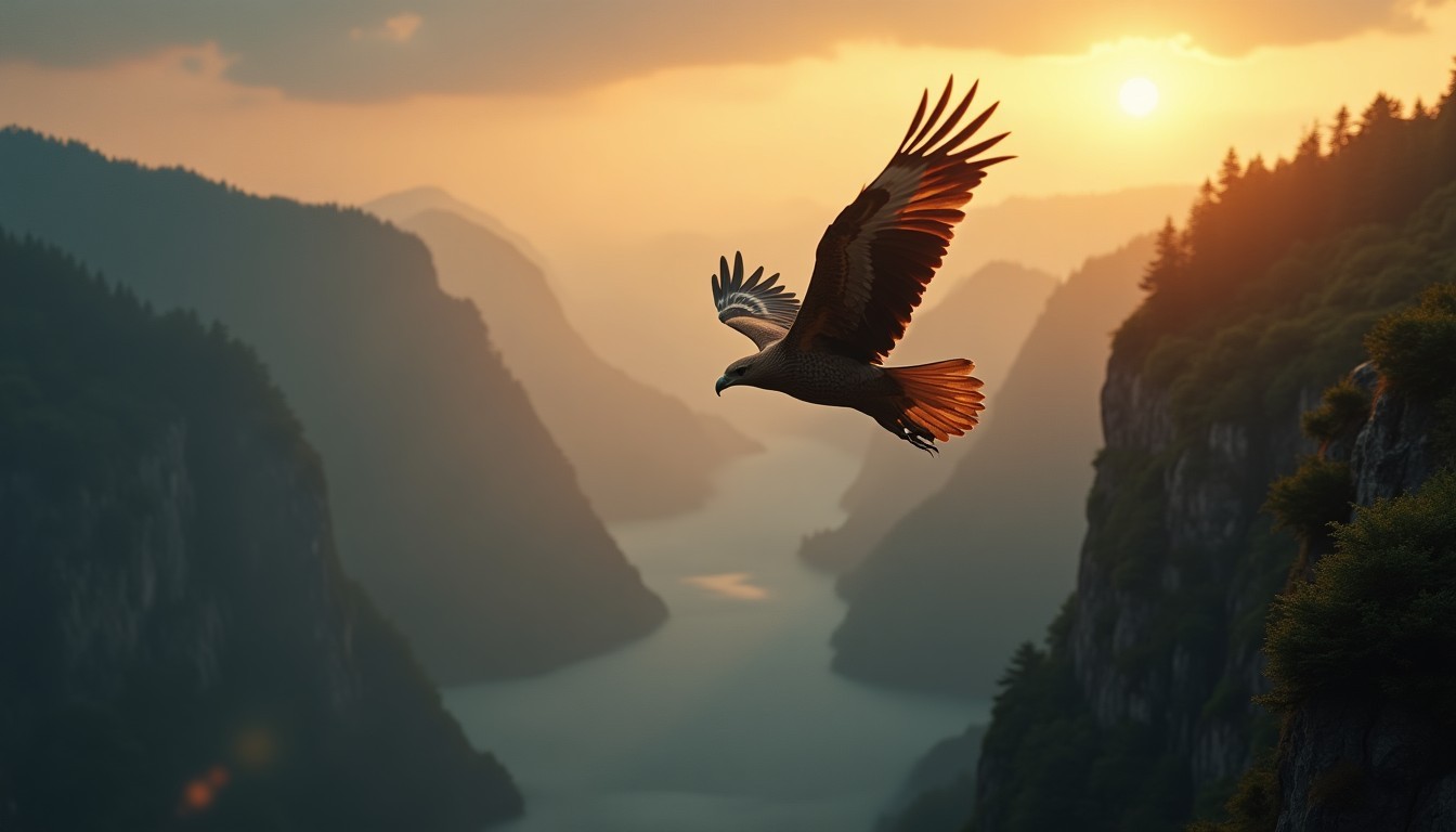 A golden eagle diving over a gorge
