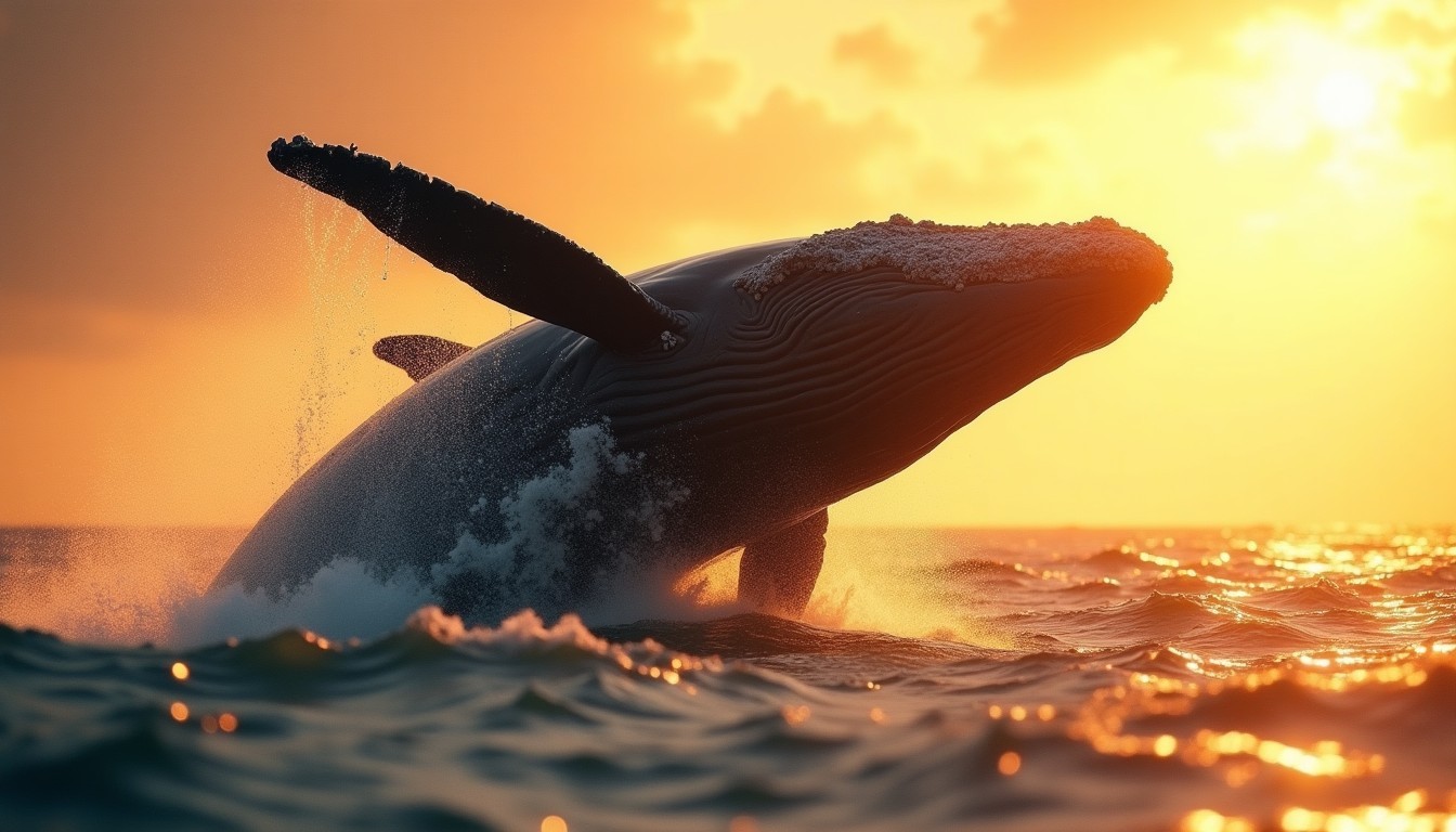 A humpback whale breaching at golden hour